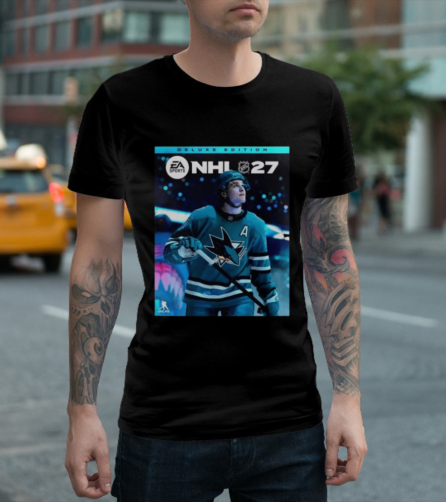 EA Sports NHL 27 Deluxe Edition Macklin Celebrini San Jose Sharks Cover Athlete T-Shirt