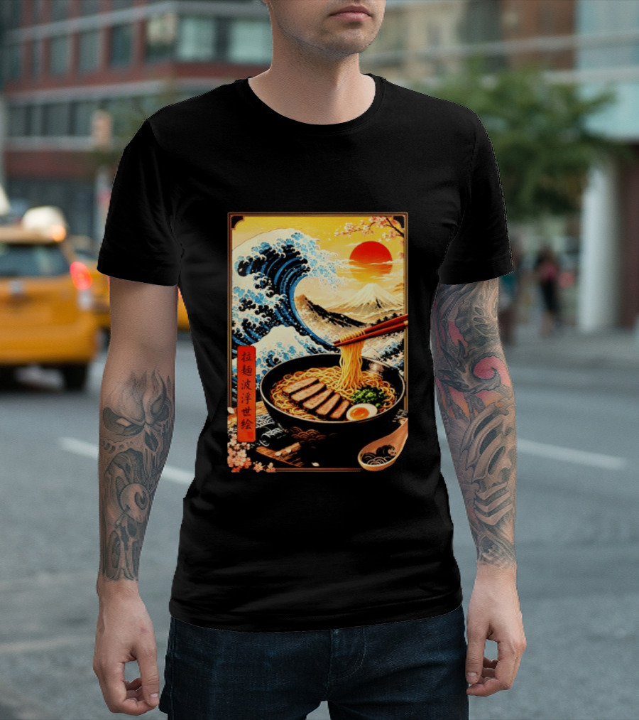 Great Wave Ramen Ukiyo E Japanese Noodles Cherry Blossoms Sun Mountain T-Shirt