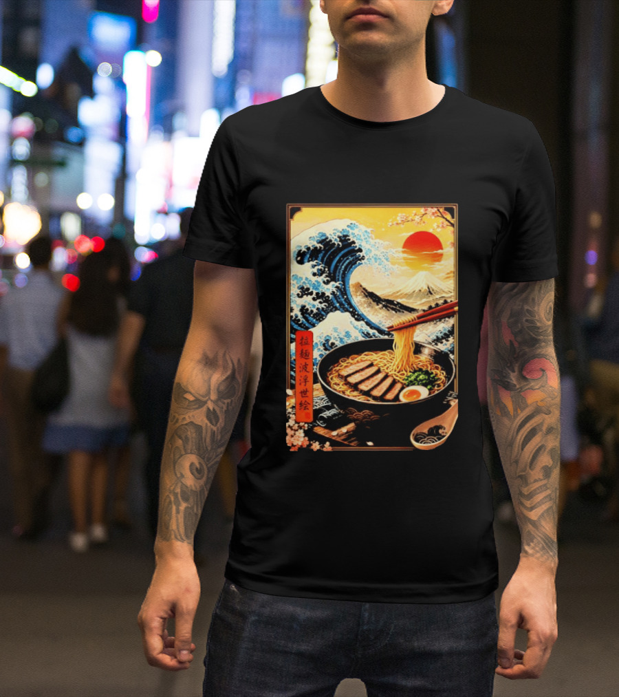 Great Wave Ramen Ukiyo E Japanese Noodles Cherry Blossoms Sun Mountain T-Shirt
