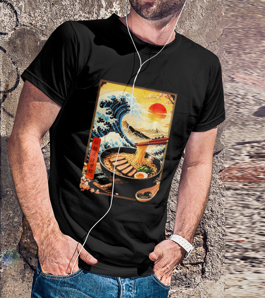 Great Wave Ramen Ukiyo E Japanese Noodles Cherry Blossoms Sun Mountain T-Shirt
