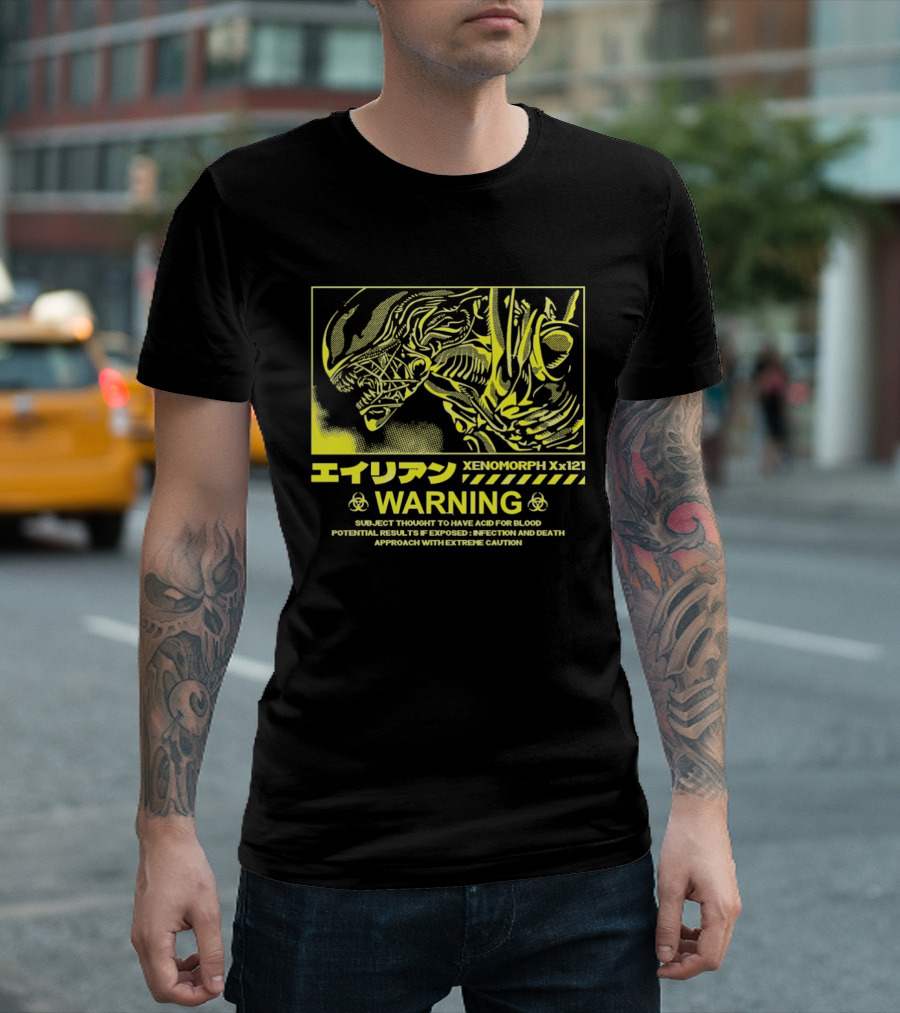 Alien Xenomorph Xx121 Acid Blood Warning Hazard Japan Text Yellow T-Shirt