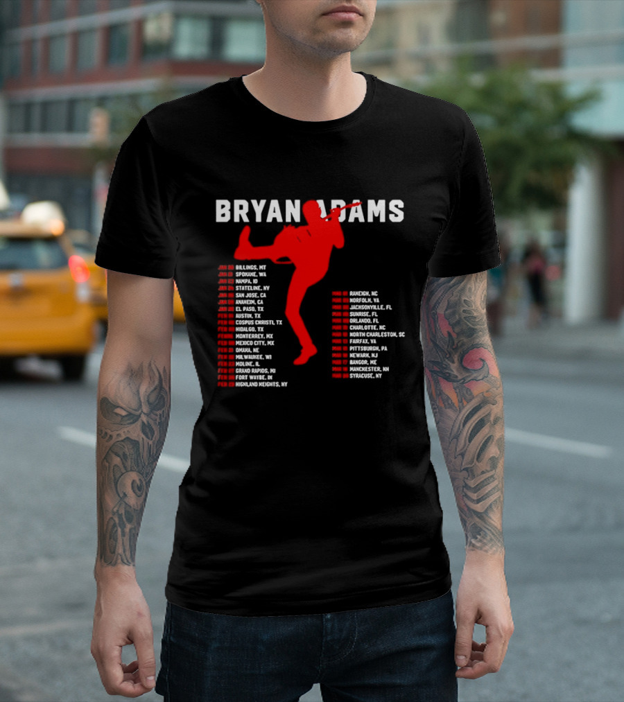 Bryan Adams Kicking Guitar With 2023 Tour Dates And Cities T-Shirt
