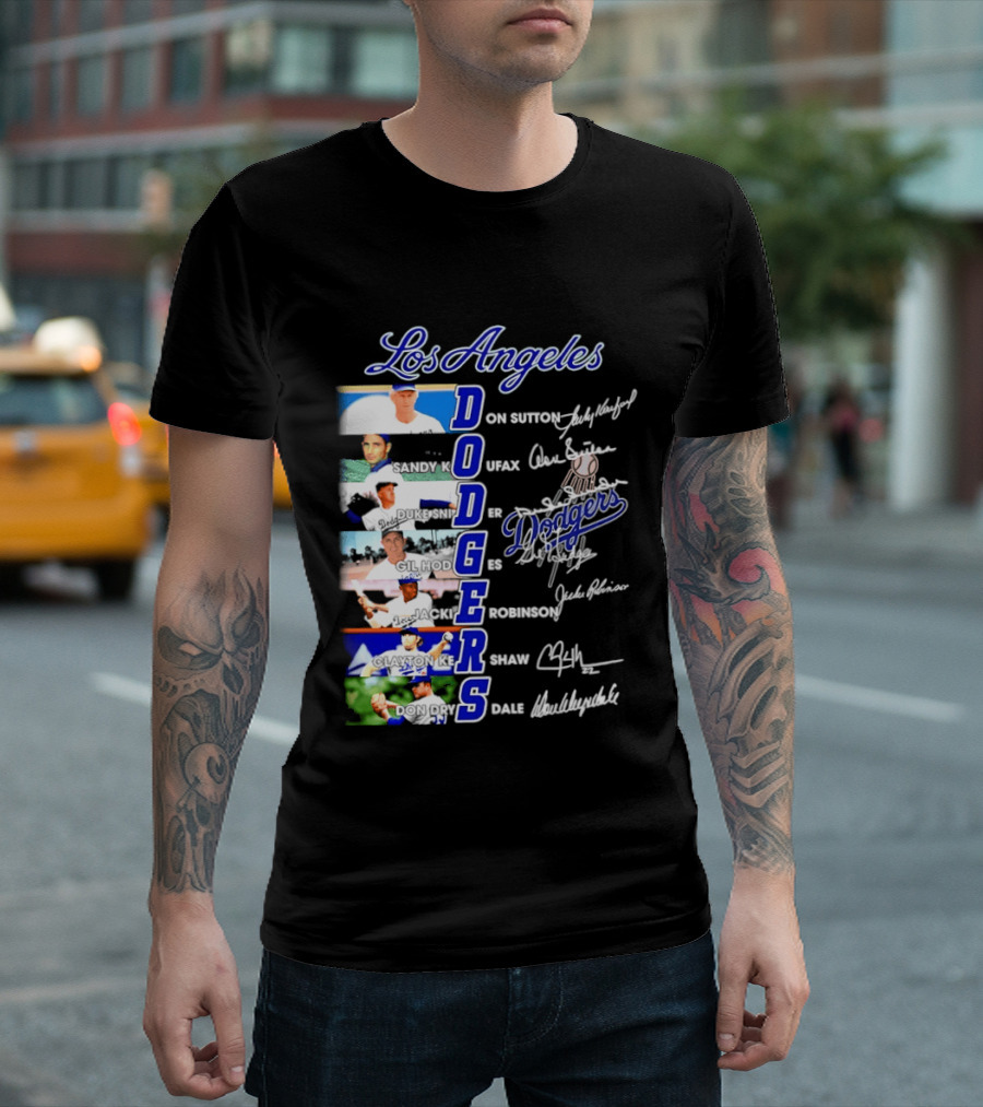 Los Angeles Dodgers Don Sutton Sandy Koufax Duke Snider Gil Hodges Jackie Robinson Clayton Kershaw Don Drysdale Signatures T-Shirt