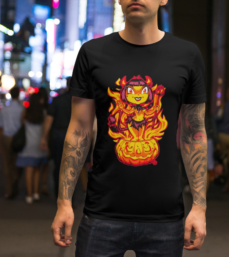 Devil Girl In Jack O' Lantern Halloween Flames With Pitchfork And Tail T-Shirt