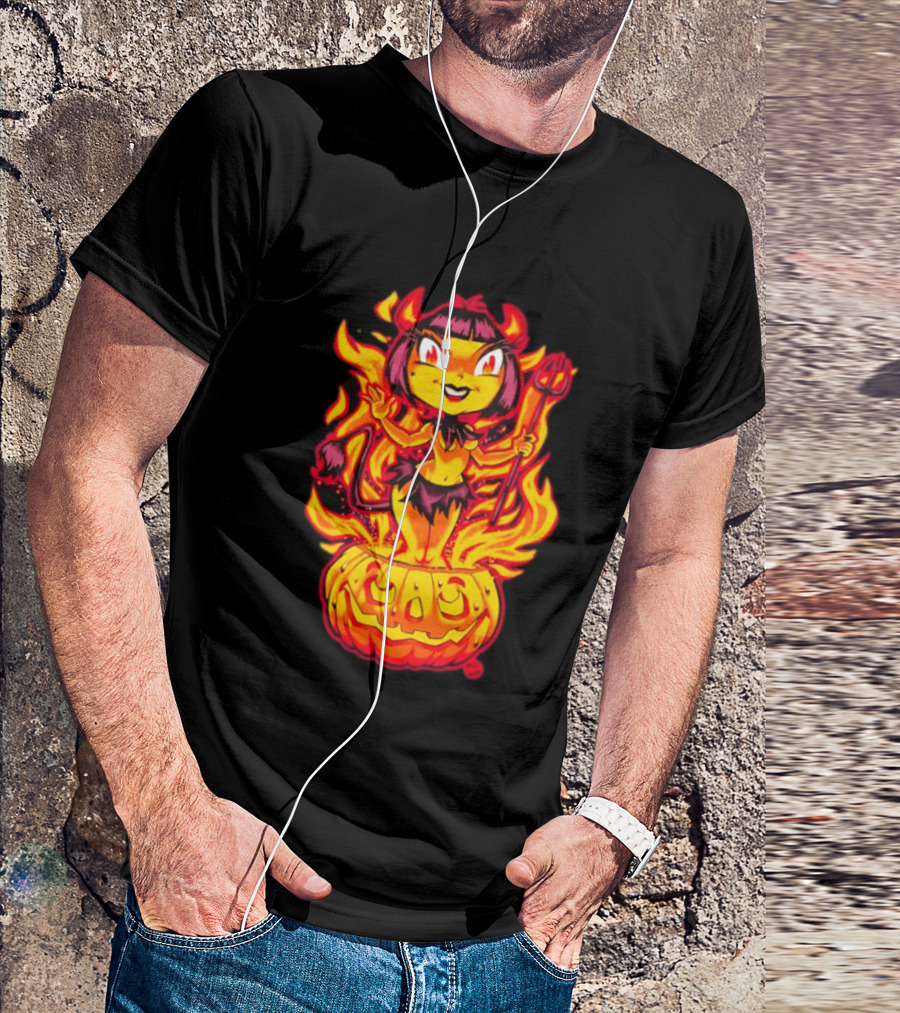 Devil Girl In Jack O' Lantern Halloween Flames With Pitchfork And Tail T-Shirt
