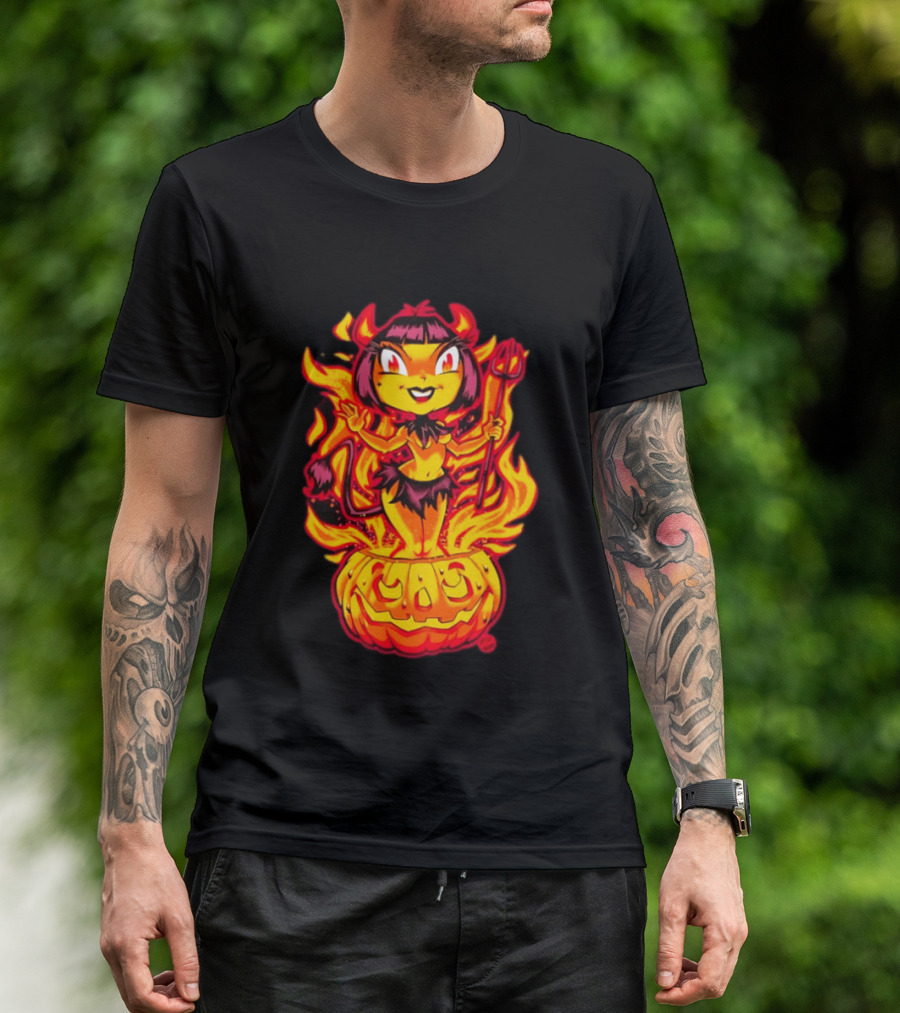 Devil Girl In Jack O' Lantern Halloween Flames With Pitchfork And Tail T-Shirt