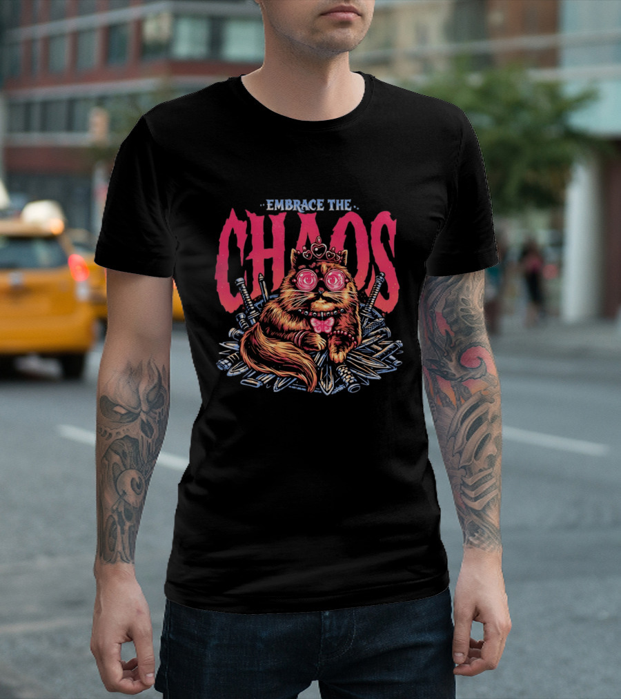 Embrace The Chaos Cat Pink Crown Daggers Funny Feline T-Shirt