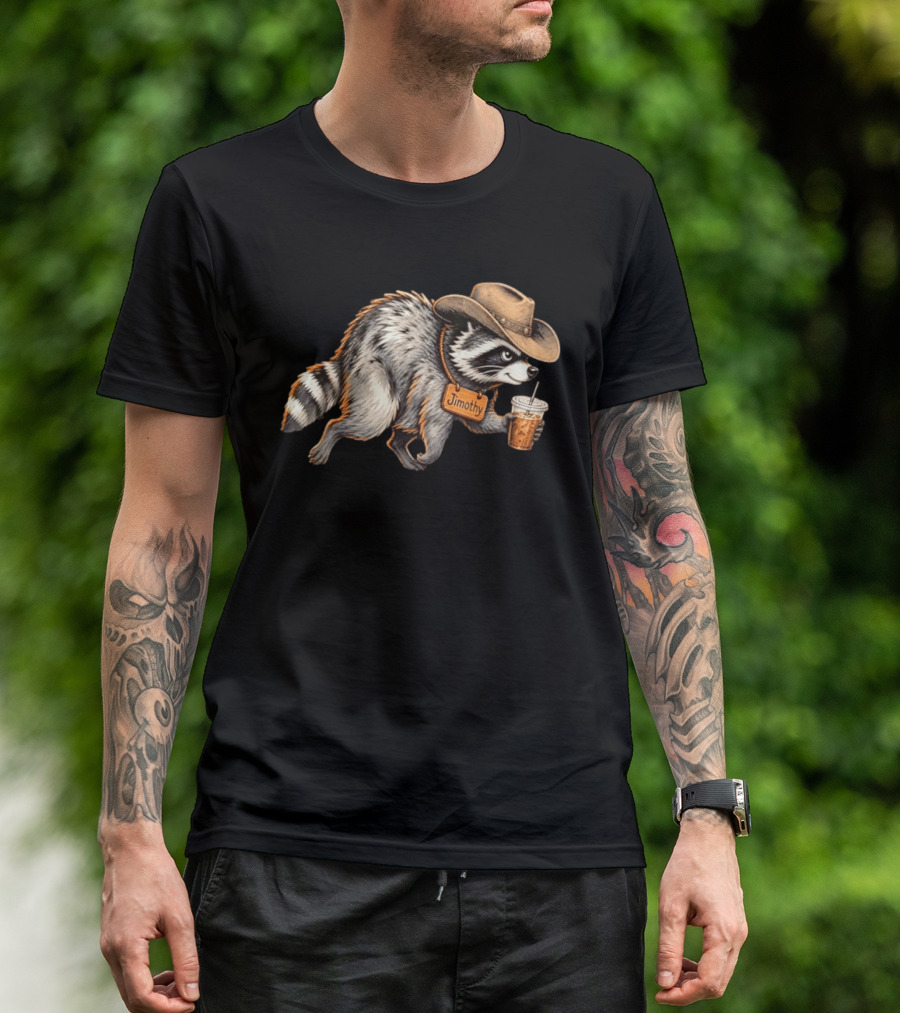 Jimothy Raccoon Cowboy With Iced Coffee T-Shirt