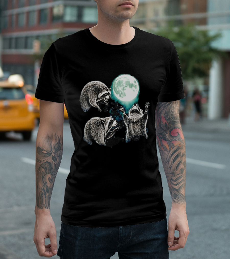 Jimothy Raccoon Moon Space Wolf Moon Trio Reaching For Full Moon T-Shirt