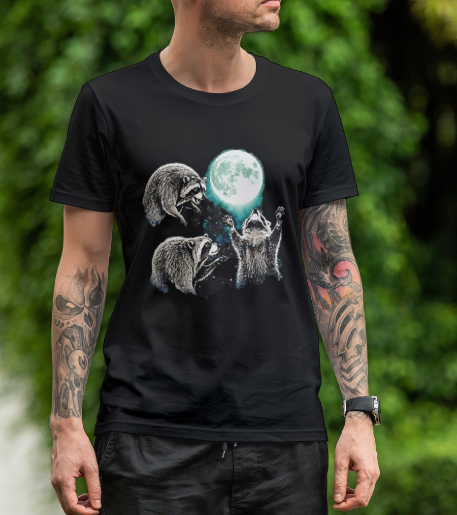 Jimothy Raccoon Moon Space Wolf Moon Trio Reaching For Full Moon T-Shirt