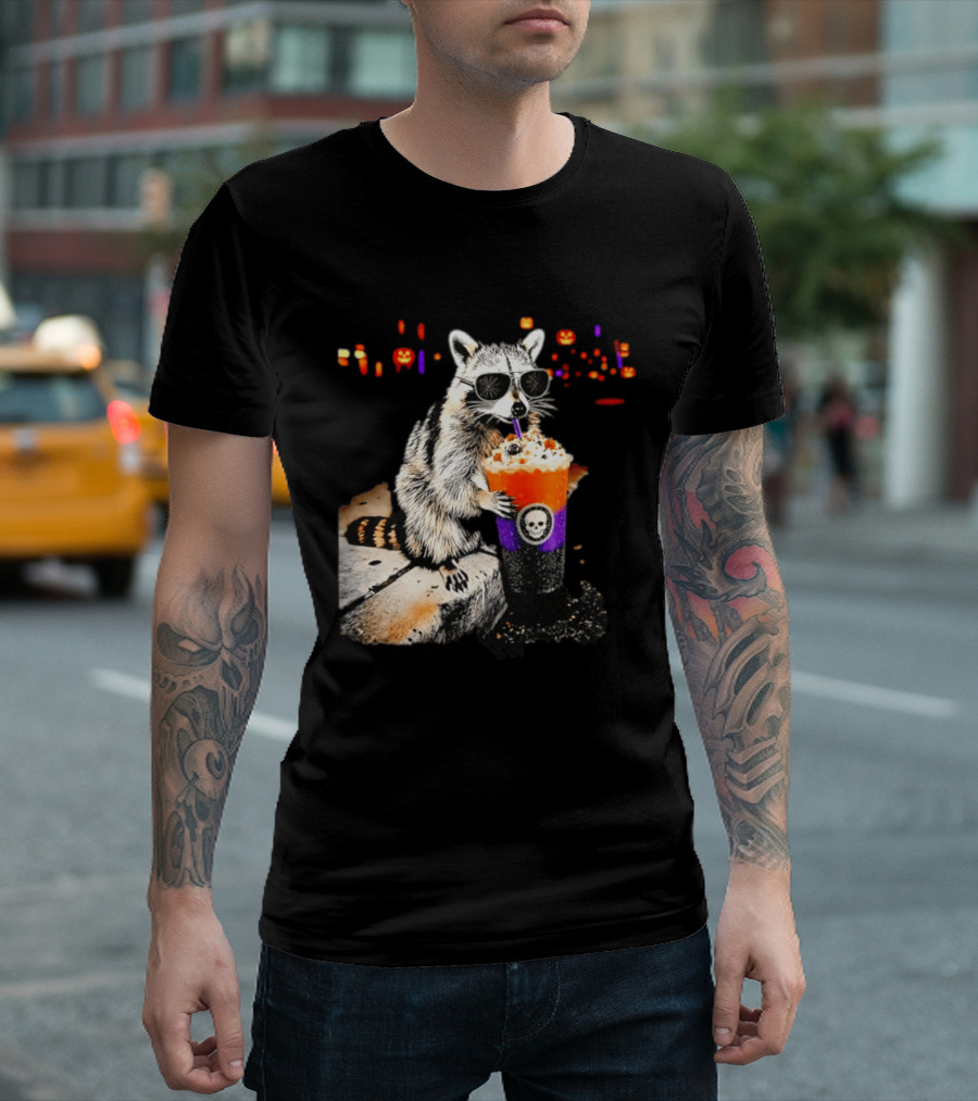 Raccoon With Sunglasses Enjoying Halloween Frappe With Skull Cup And Pumpkin T-Shirt