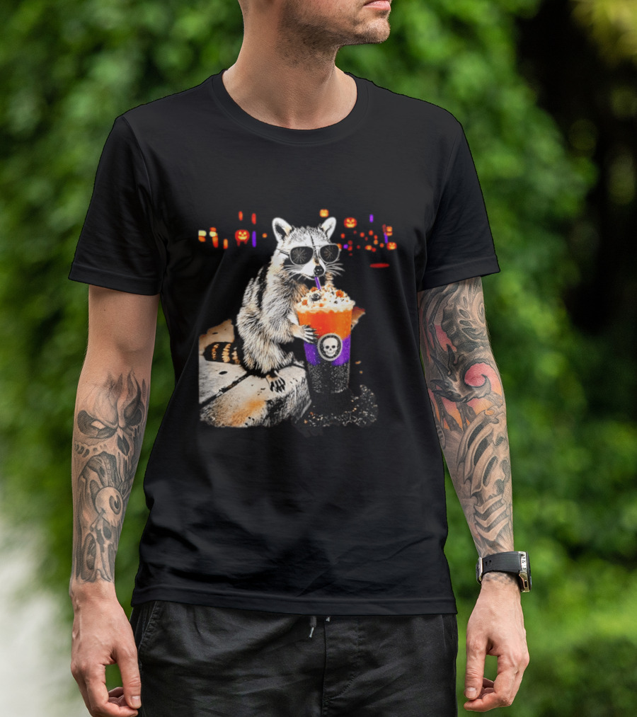Raccoon With Sunglasses Enjoying Halloween Frappe With Skull Cup And Pumpkin T-Shirt