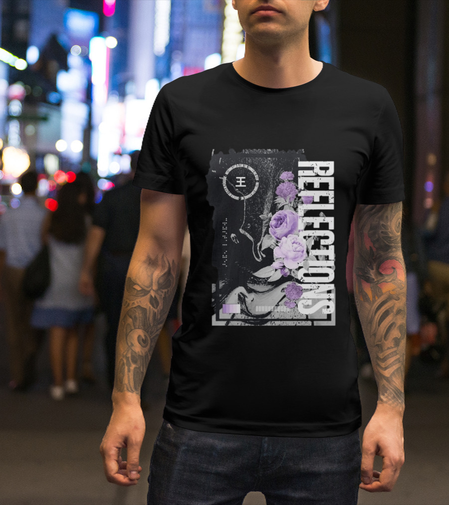 Reflections Peroxide Floral Typography With Purple Roses And Abstract Black And White T-Shirt