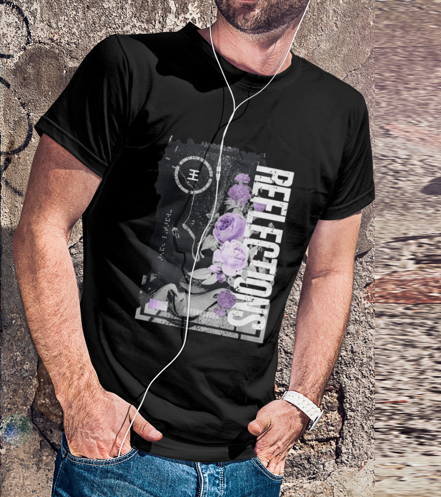 Reflections Peroxide Floral Typography With Purple Roses And Abstract Black And White T-Shirt