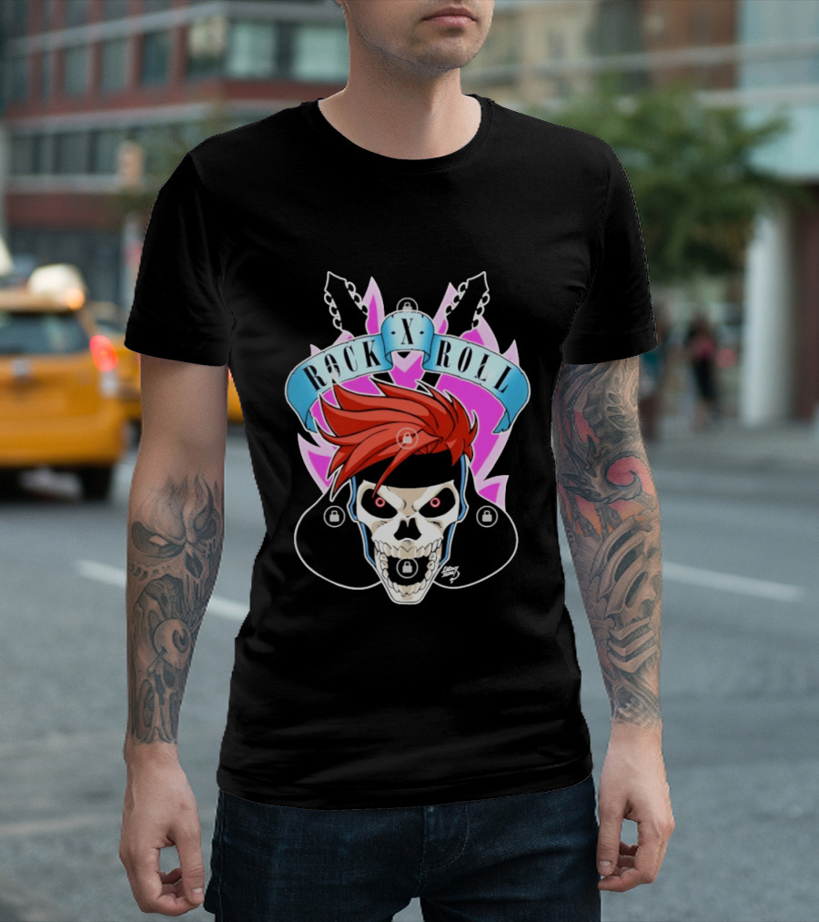 Rock X Roll Skull Electric Guitar Red Hair T-Shirt