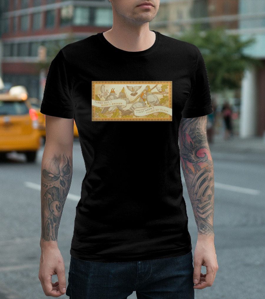 Turns Out I Wasn't Broken I Just Hadn't Found My Flock Pigeon Funny Vintage Style Banner With Autumn Leaves T-Shirt