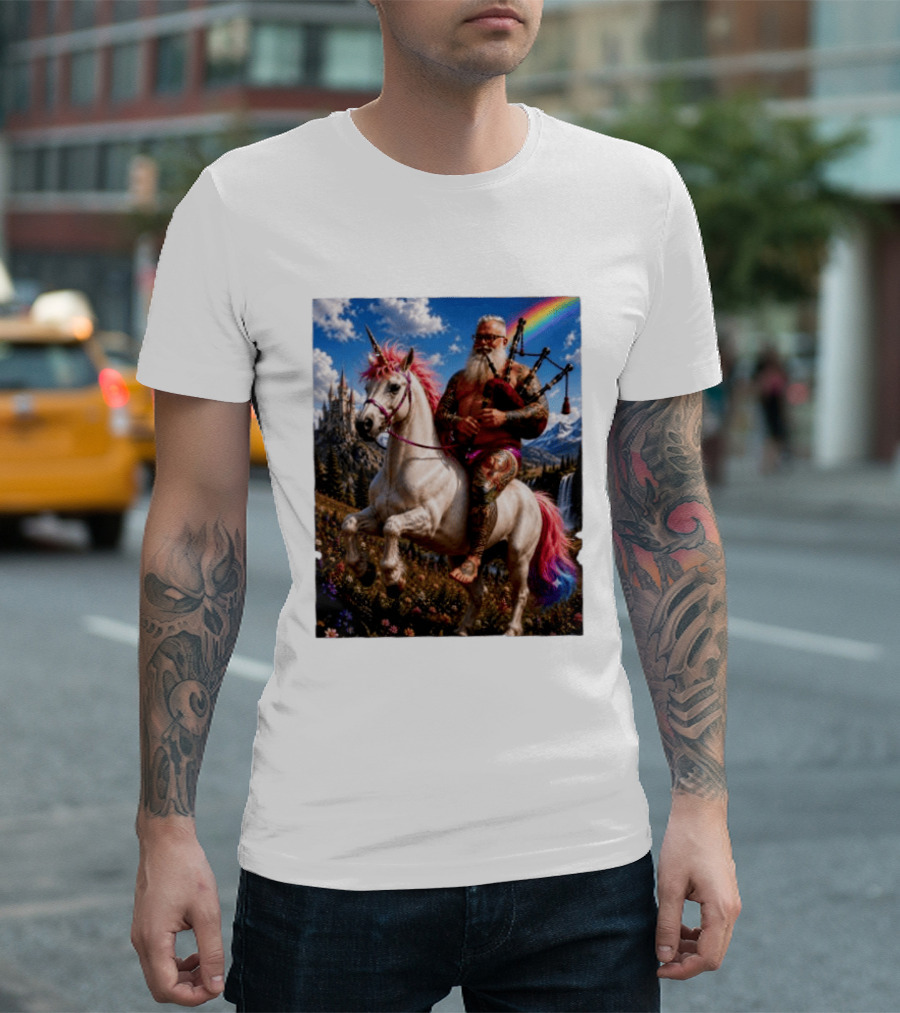 Bearded Scotsman Playing Bagpipes Riding A Rainbow Unicorn In Enchanted Castle Landscape T-Shirt