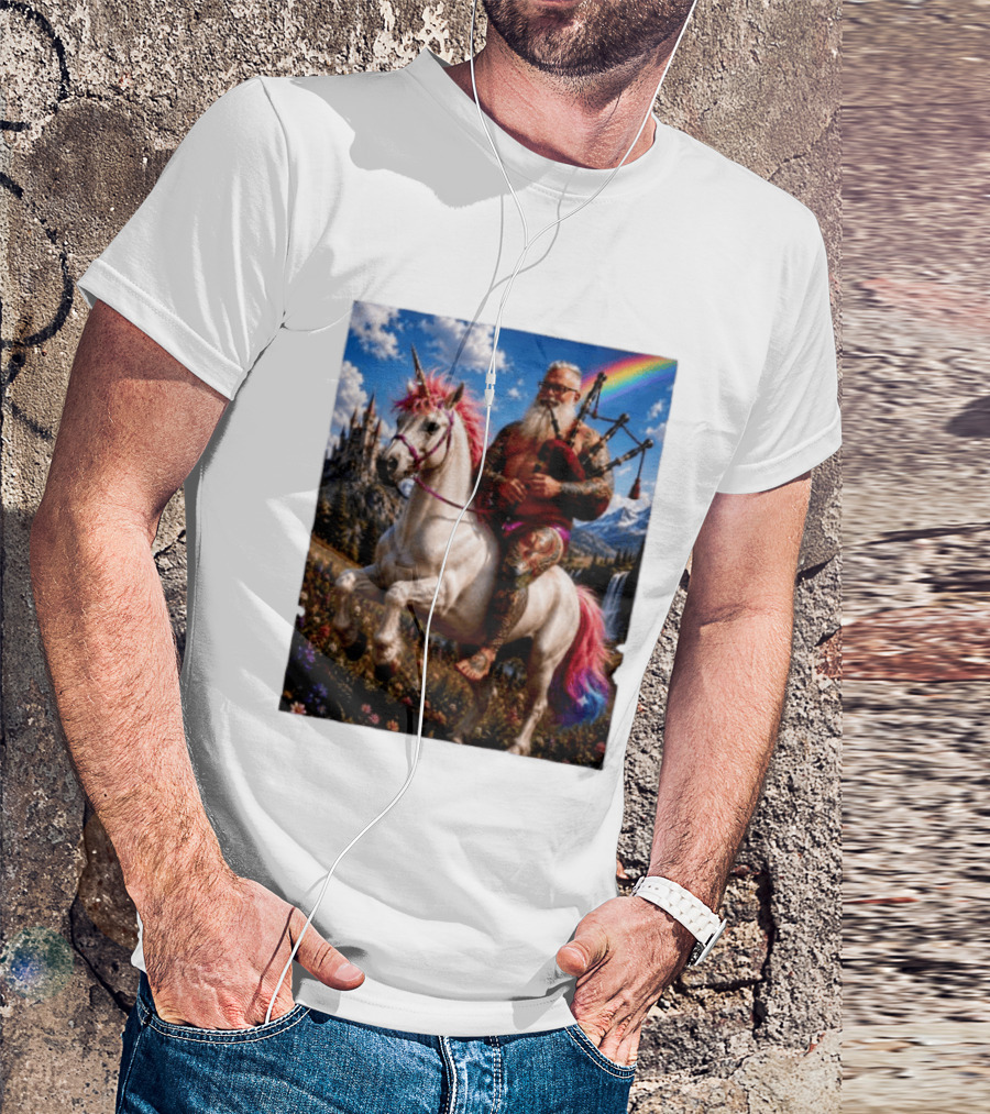 Bearded Scotsman Playing Bagpipes Riding A Rainbow Unicorn In Enchanted Castle Landscape T-Shirt