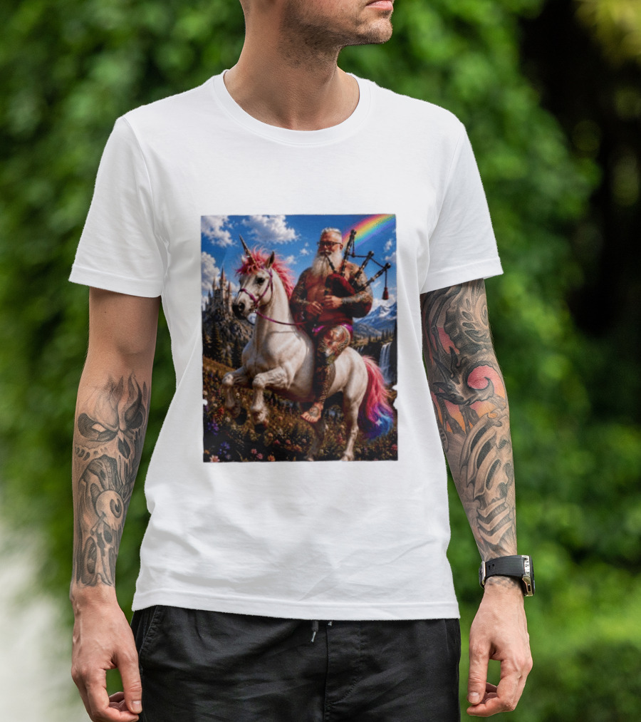 Bearded Scotsman Playing Bagpipes Riding A Rainbow Unicorn In Enchanted Castle Landscape T-Shirt