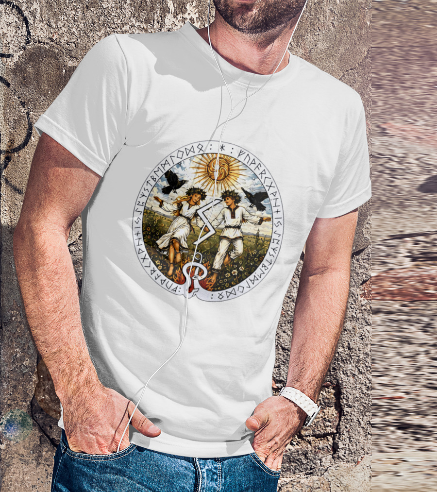Seidr Sun Wheel Futhark Runes Pagan Folk Norse Mythology Ravens And Dancing Figures T-Shirt