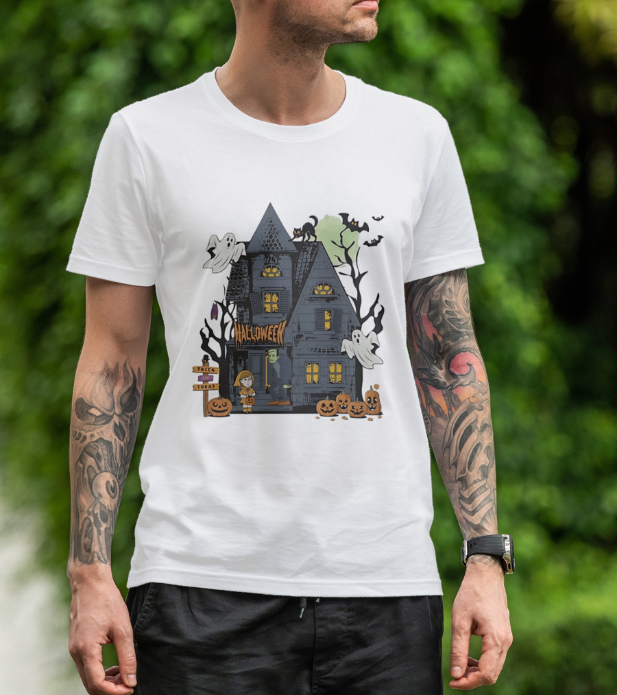 Halloween Haunted House With Frankenstein Trick Or Treat Ghosts And Pumpkins T-Shirt