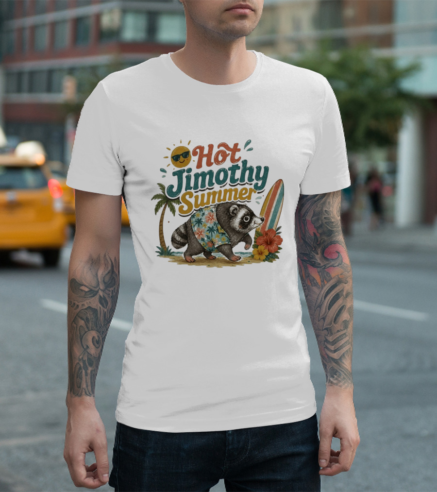 Hot Jimothy Summer Raccoon Tropical Surfing Vibes Vintage Paradise T-Shirt