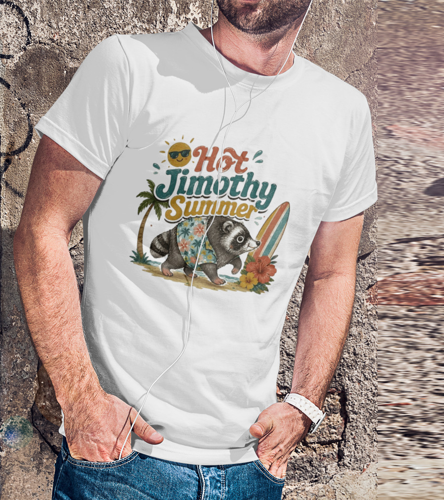 Hot Jimothy Summer Raccoon Tropical Surfing Vibes Vintage Paradise T-Shirt