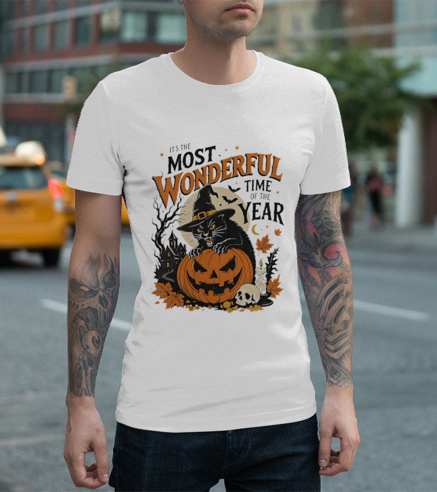 It's The Most Wonderful Time Of The Year Witch Cat And Pumpkin Halloween T-Shirt