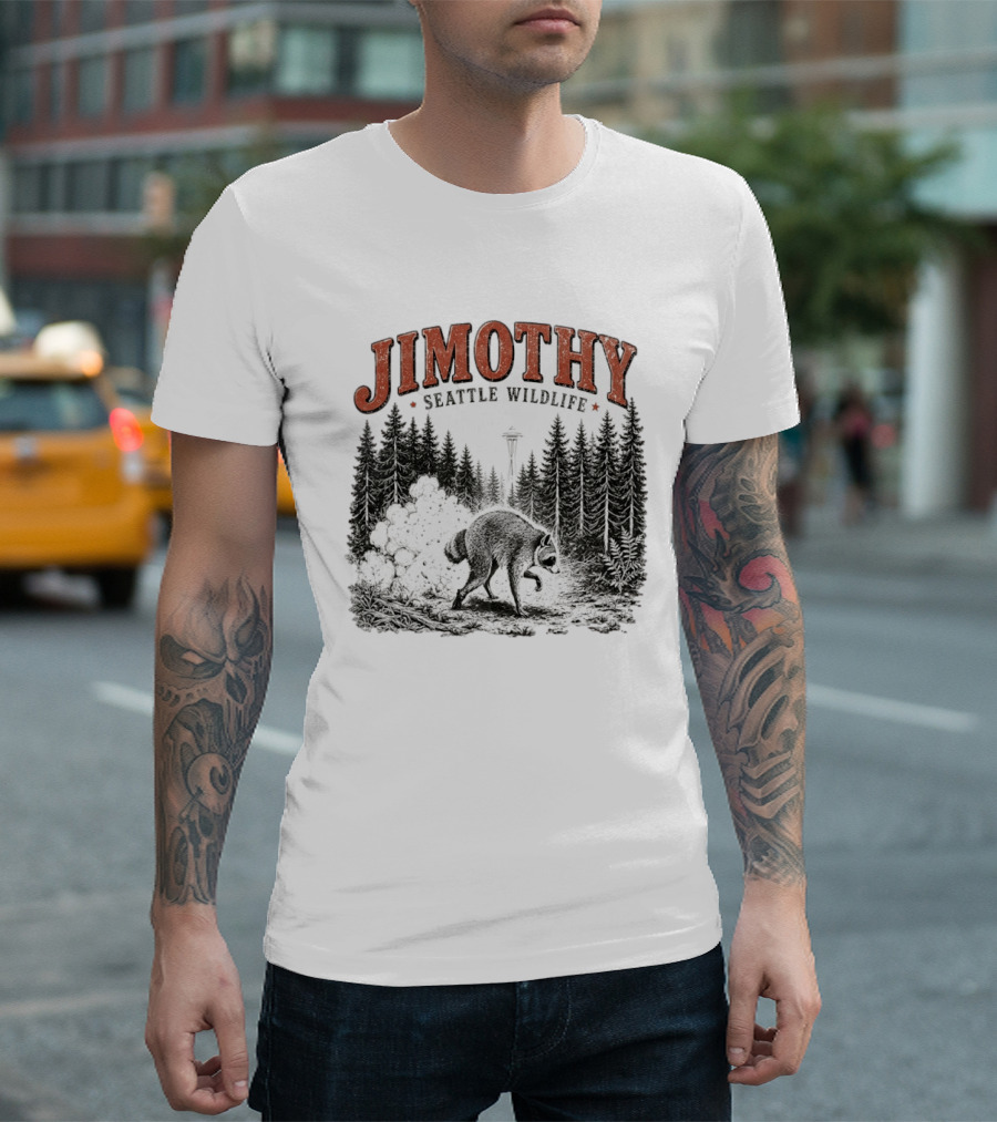 Jimothy Seattle Wildlife Raccoon With Space Needle Forest Scene T-Shirt