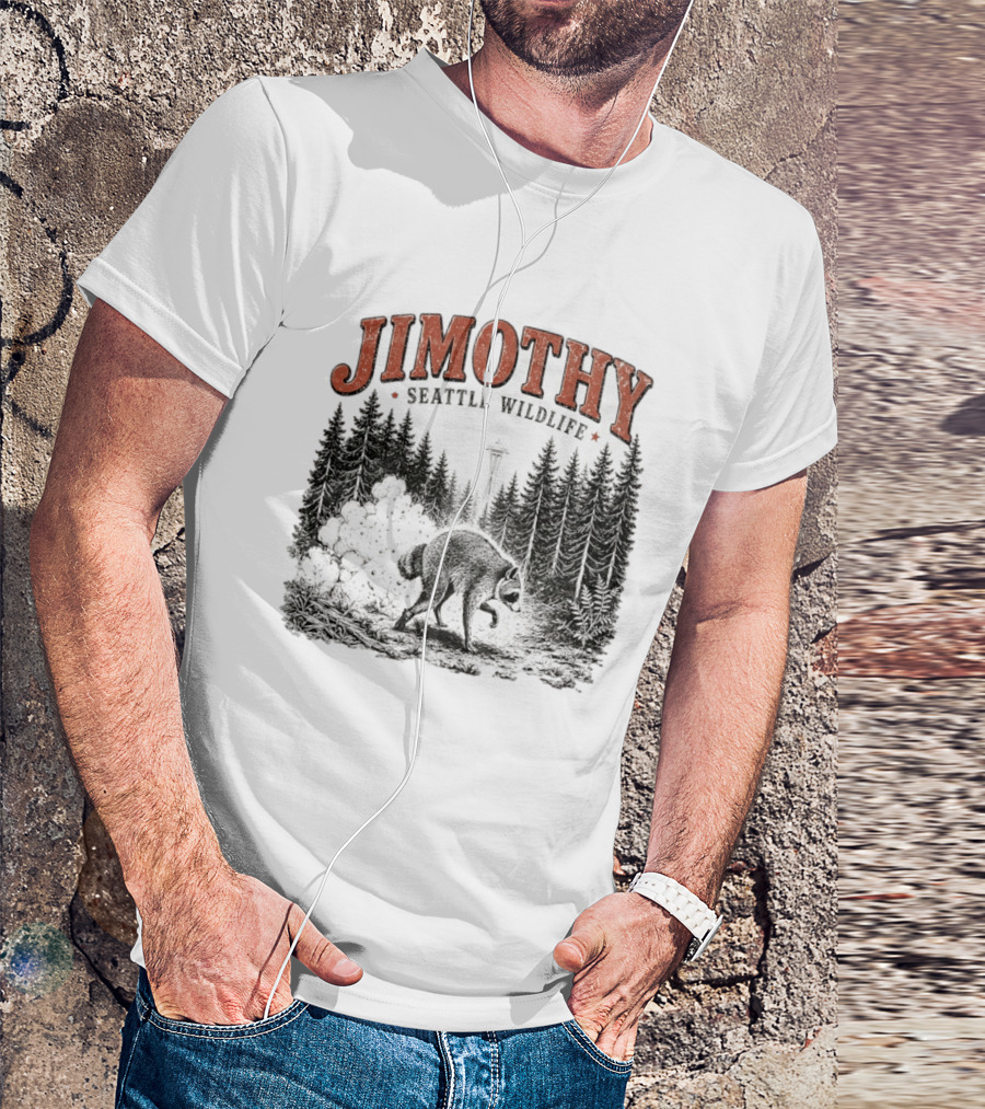 Jimothy Seattle Wildlife Raccoon With Space Needle Forest Scene T-Shirt