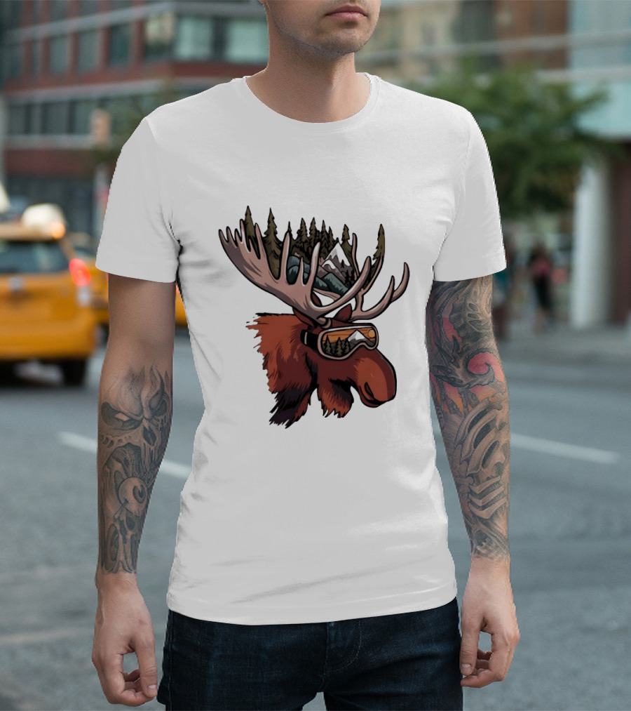 Moose With Ski Goggles And Mountain Forest Antlers Adventure Scene T-Shirt