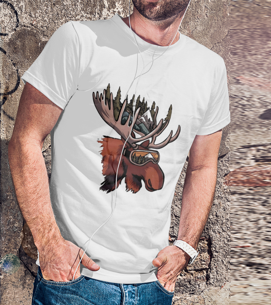 Moose With Ski Goggles And Mountain Forest Antlers Adventure Scene T-Shirt