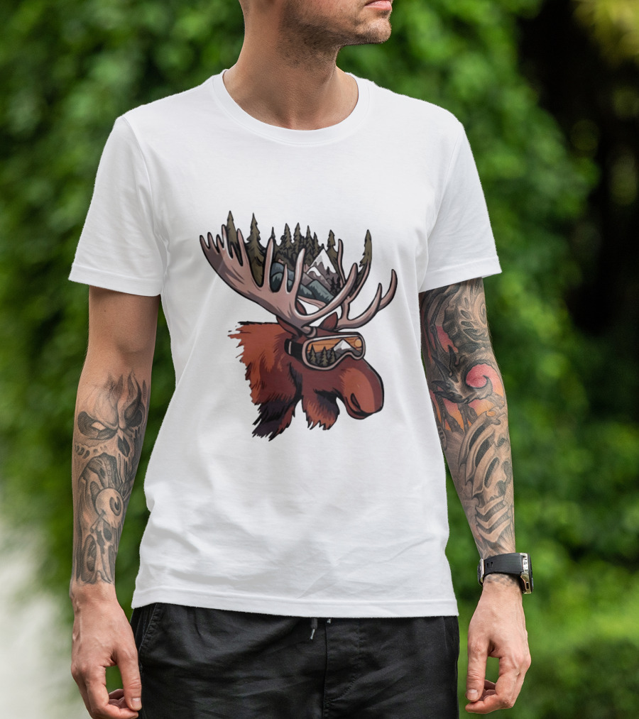 Moose With Ski Goggles And Mountain Forest Antlers Adventure Scene T-Shirt
