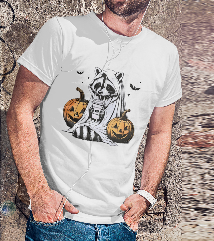 Raccoon Ghost With Iced Coffee And Jack O' Lanterns Halloween T-Shirt