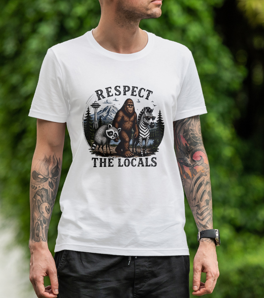 Respect The Locals Bigfoot Raccoon Zebra Seattle Space Needle Forest Scene T-Shirt