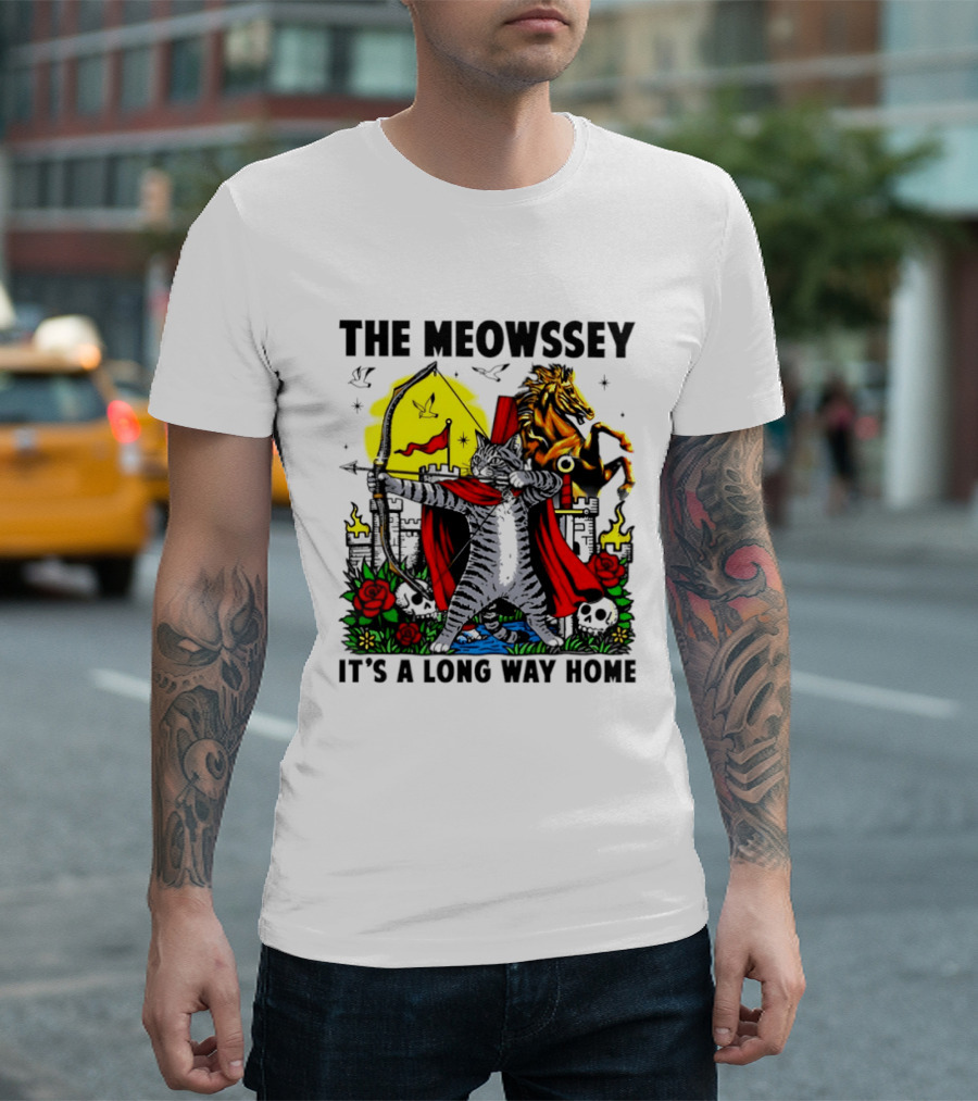 The Meowssey It's A Long Way Home Cat Archer With Red Cape And Horse T-Shirt