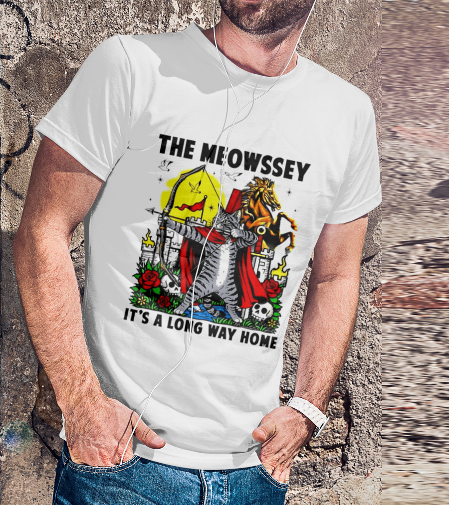 The Meowssey It's A Long Way Home Cat Archer With Red Cape And Horse T-Shirt