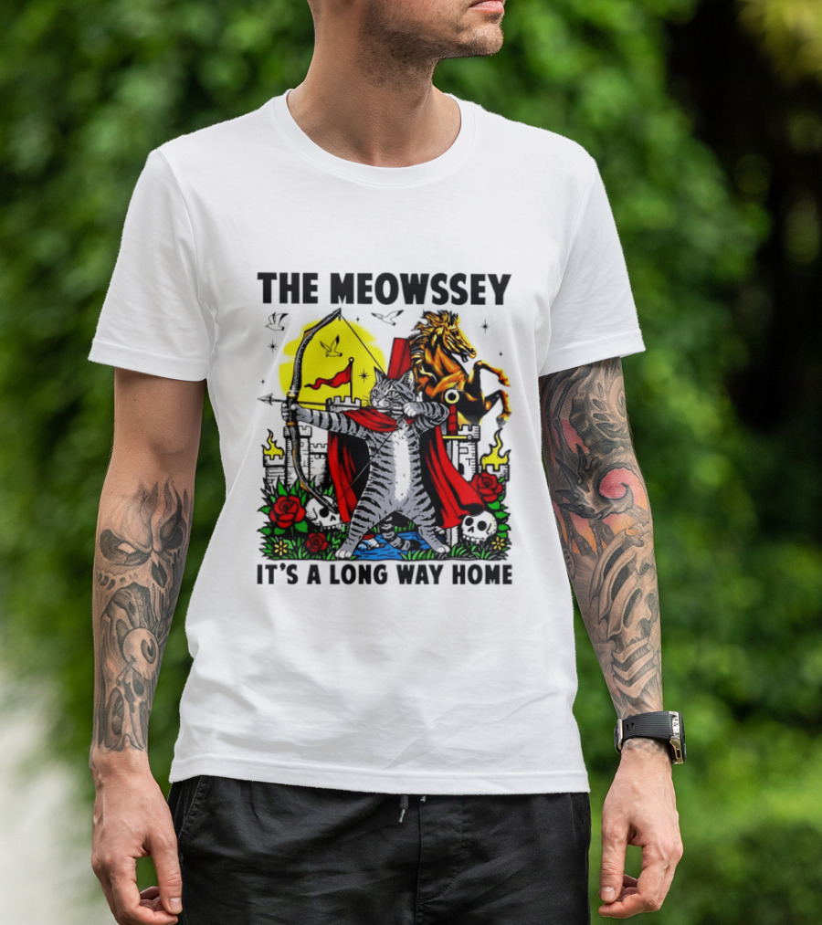 The Meowssey It's A Long Way Home Cat Archer With Red Cape And Horse T-Shirt