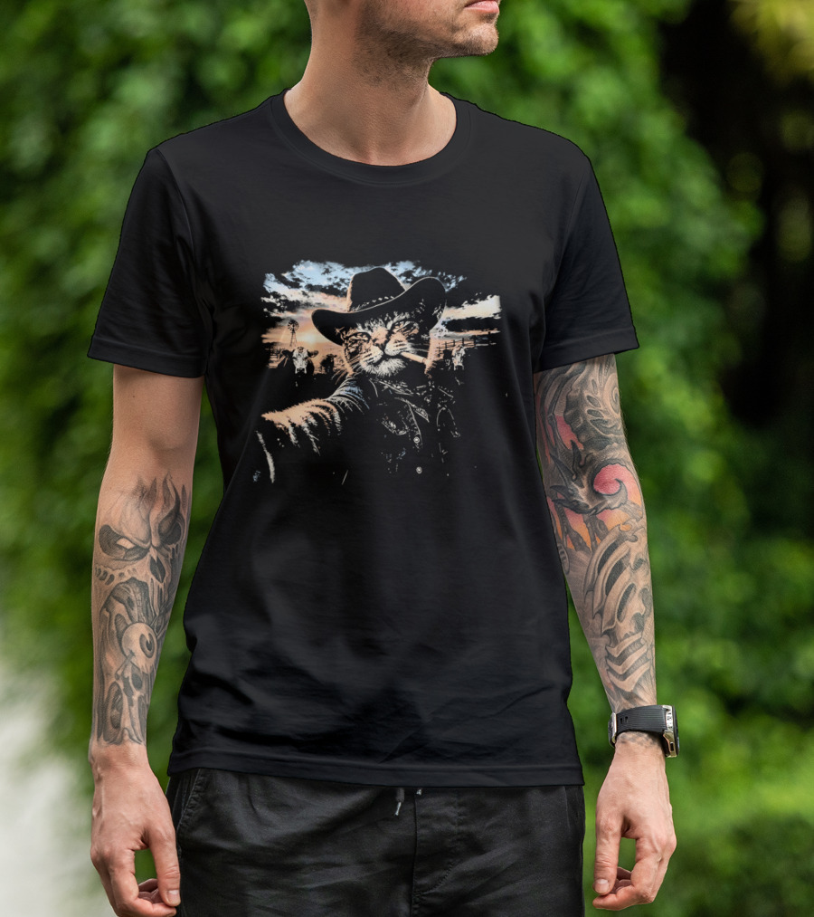 Cowboy Cat Smoking Selfie Sunset Western Sky Scene T-Shirt