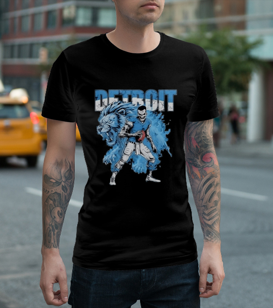 Detroit Lions Zombie Quarterback With Football And Fierce Lion T-Shirt
