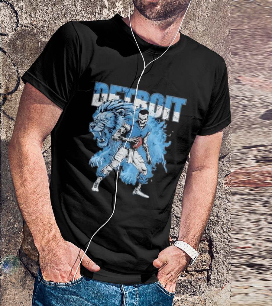 Detroit Lions Zombie Quarterback With Football And Fierce Lion T-Shirt