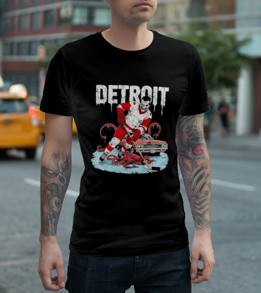 Detroit Red Wings Skull Hockey Player Tentacles Car T-Shirt