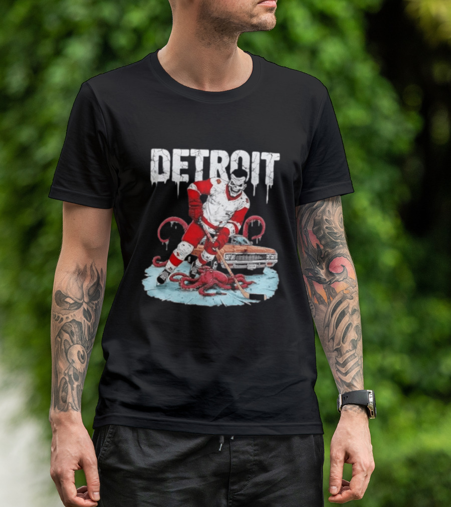 Detroit Red Wings Skull Hockey Player Tentacles Car T-Shirt