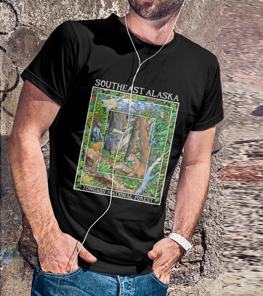 Southeast Alaska Tongass National Forest Wildlife Bear Deer Owl Wolf Bird T-Shirt