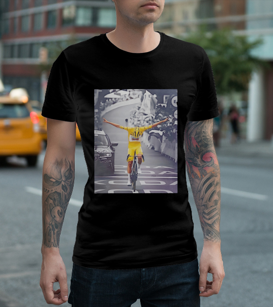 Tadej Pogacar Victory Moment Tour De France Skoda UCL Cyclist In Yellow Jersey T-Shirt