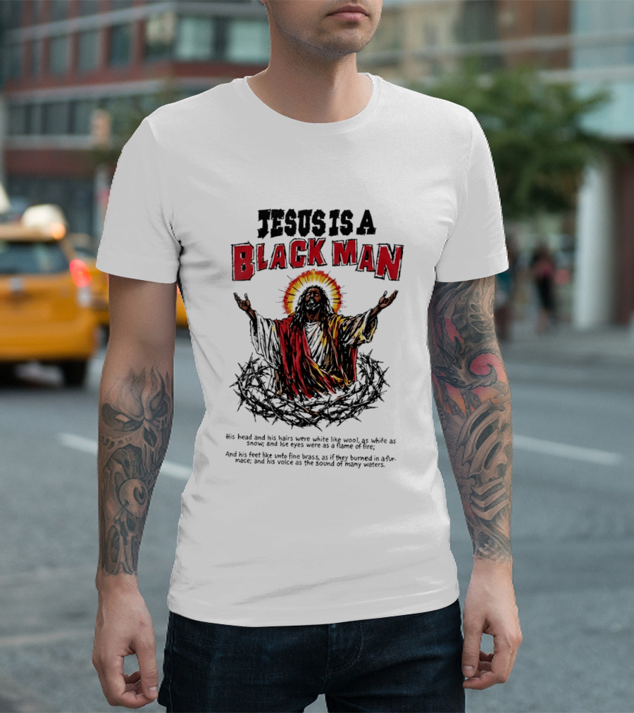 Jesus Is A Black Man Head And Hairs White Wool Snow Eyes Flame Fire T-Shirt
