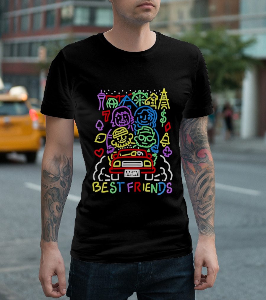 Best Friends AEW Neon Road Trip With Casino Icons And Landmarks T-Shirt