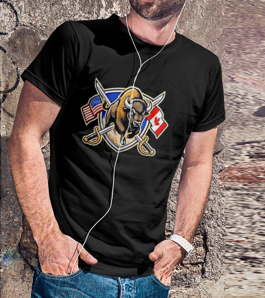 Buffalo Bison US Canada Flags North American Crossed Sabers T-Shirt