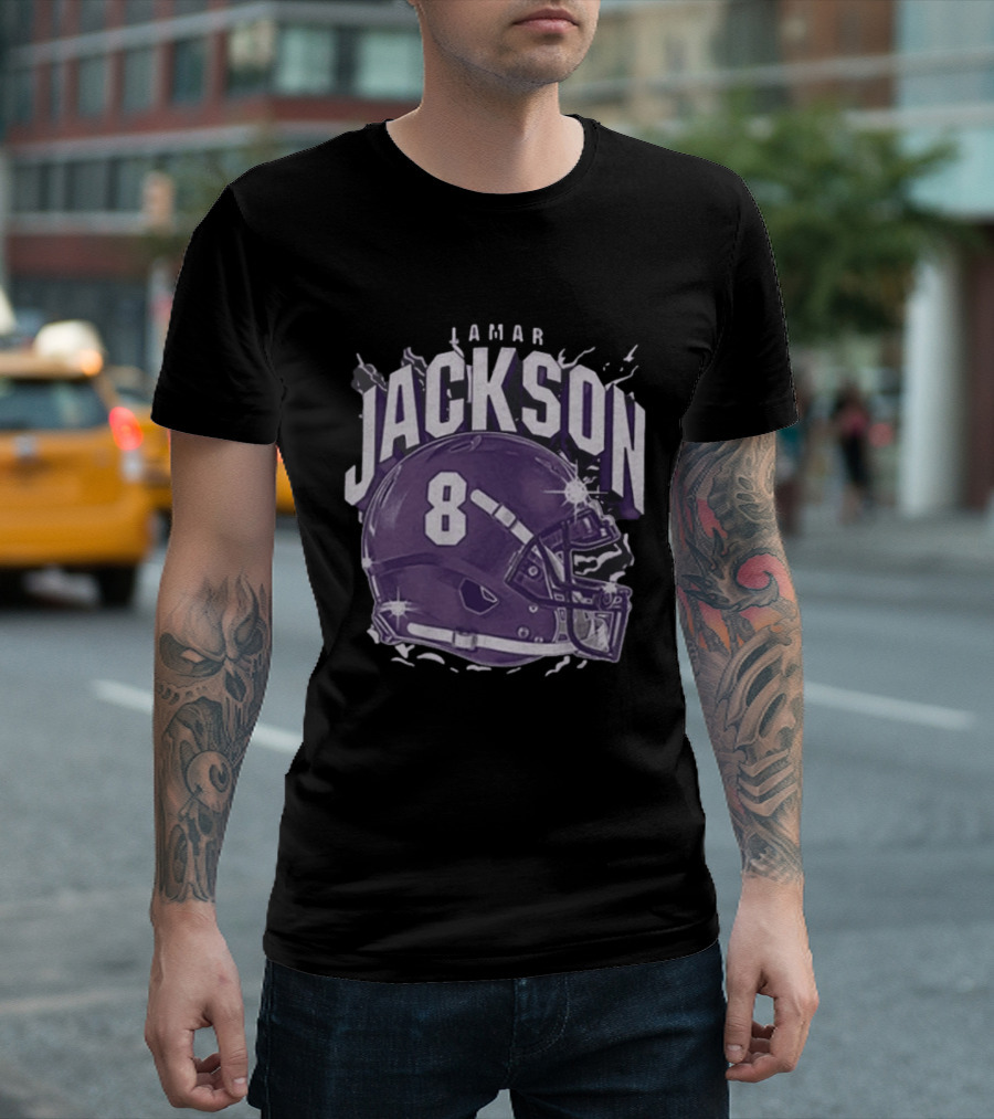 Lamar Jackson 8 Purple Helmet Baltimore Ravens T-Shirt