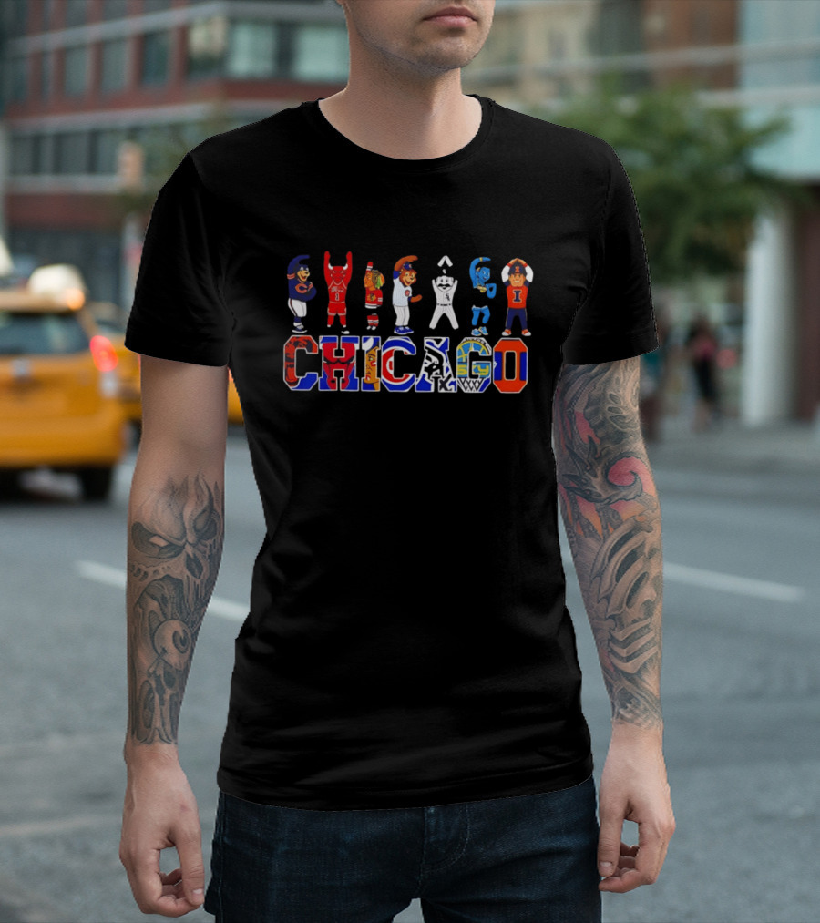 Chicago Bears Bulls Blackhawks Cubs White Sox Mascots Basketball Logos T-Shirt
